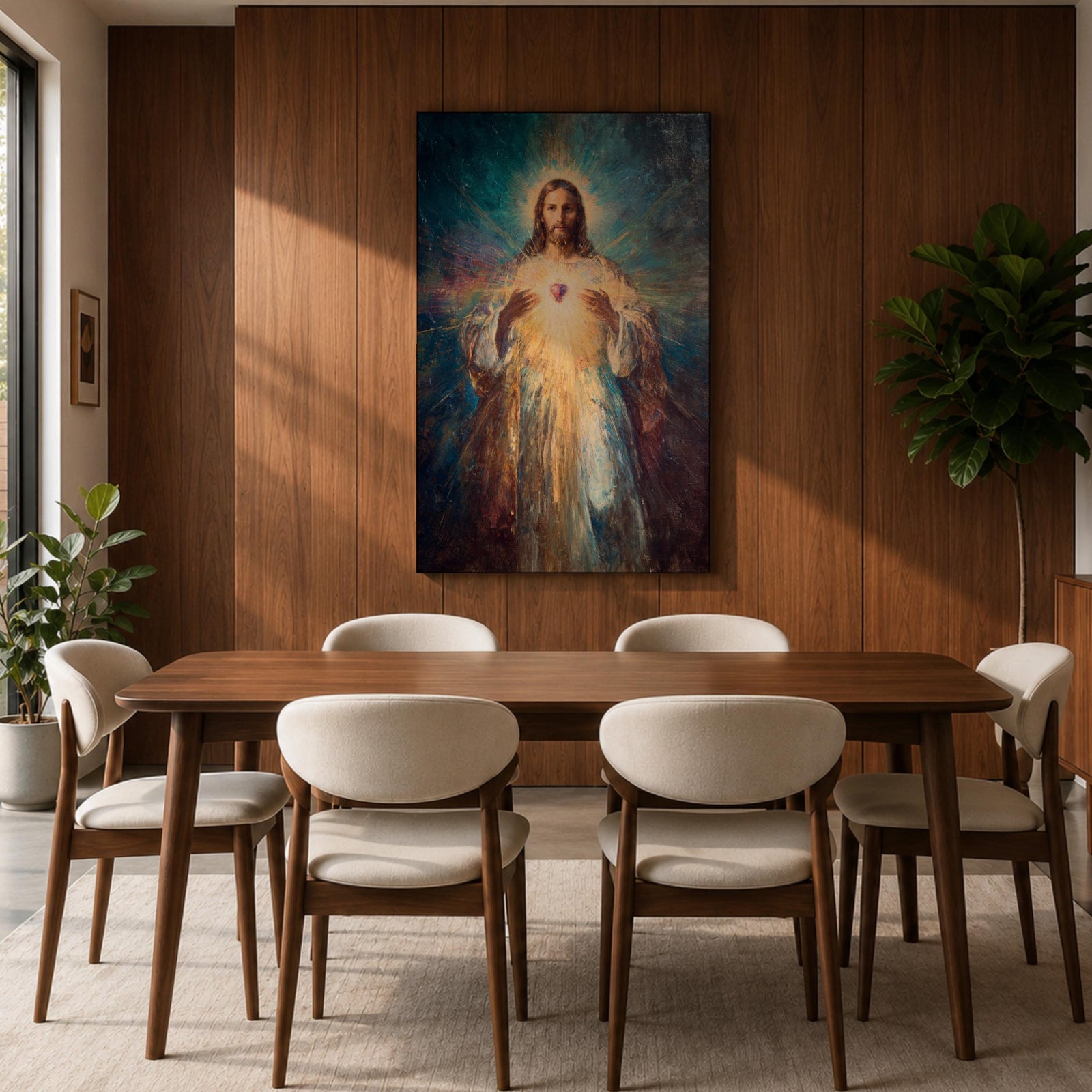 A luminous religious painting of Jesus Christ facing forward with a serene expression, holding a glowing Sacred Heart at the center of his chest, radiating light in all directions, with soft flowing robes and expressive brushstrokes blending warm and cool tones to create a powerful spiritual composition.