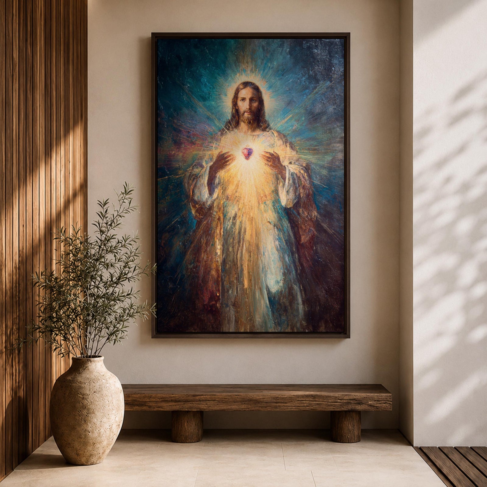 A luminous religious painting of Jesus Christ facing forward with a serene expression, holding a glowing Sacred Heart at the center of his chest, radiating light in all directions, with soft flowing robes and expressive brushstrokes blending warm and cool tones to create a powerful spiritual composition.
