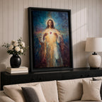 A luminous religious painting of Jesus Christ facing forward with a serene expression, holding a glowing Sacred Heart at the center of his chest, radiating light in all directions, with soft flowing robes and expressive brushstrokes blending warm and cool tones to create a powerful spiritual composition.