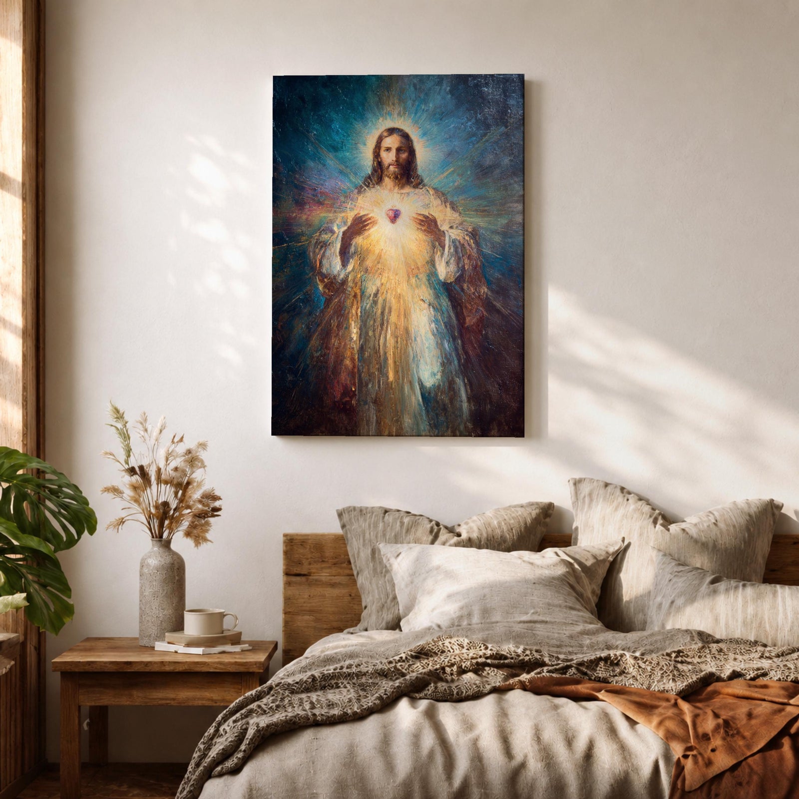 A luminous religious painting of Jesus Christ facing forward with a serene expression, holding a glowing Sacred Heart at the center of his chest, radiating light in all directions, with soft flowing robes and expressive brushstrokes blending warm and cool tones to create a powerful spiritual composition.
