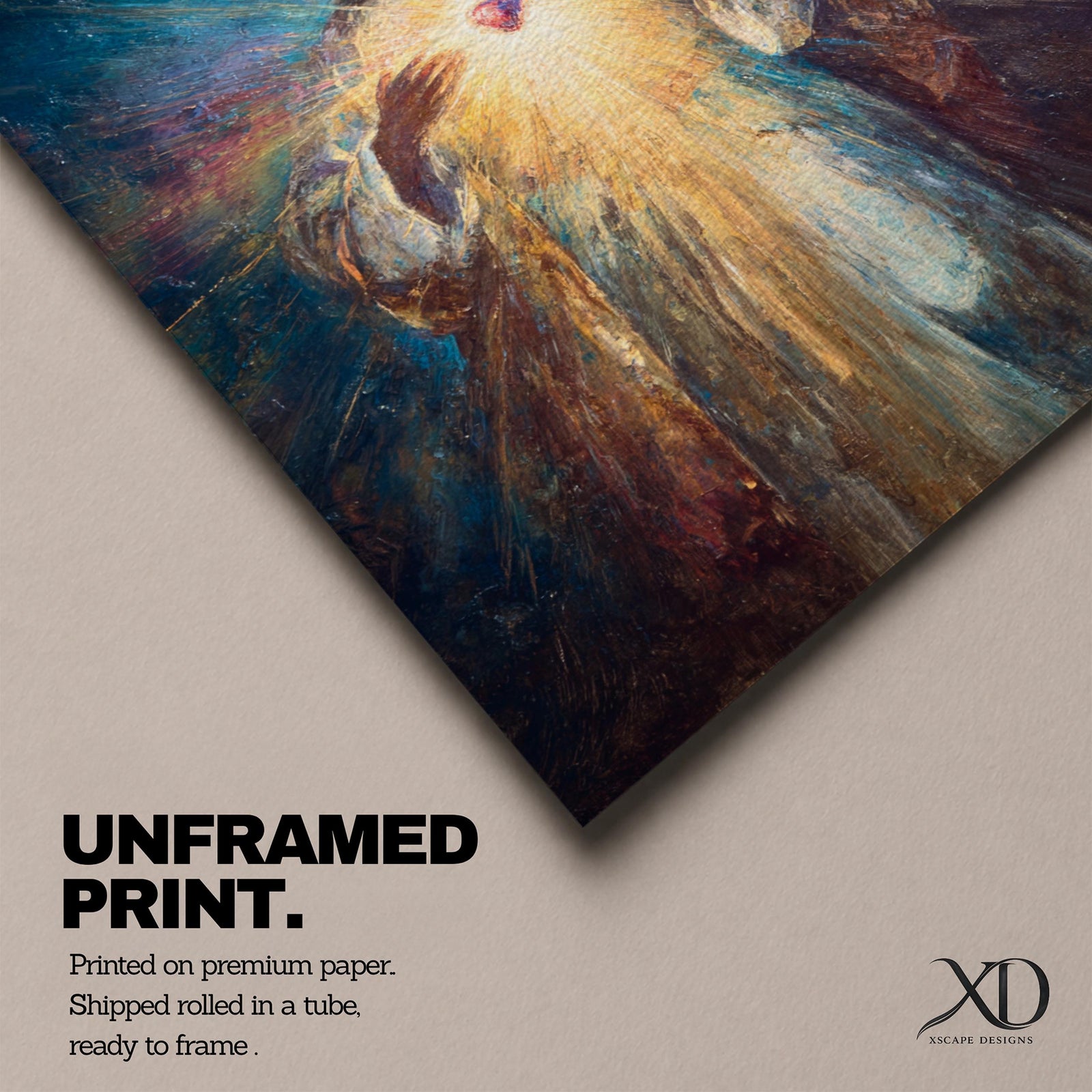 A luminous religious painting of Jesus Christ facing forward with a serene expression, holding a glowing Sacred Heart at the center of his chest, radiating light in all directions, with soft flowing robes and expressive brushstrokes blending warm and cool tones to create a powerful spiritual composition.
