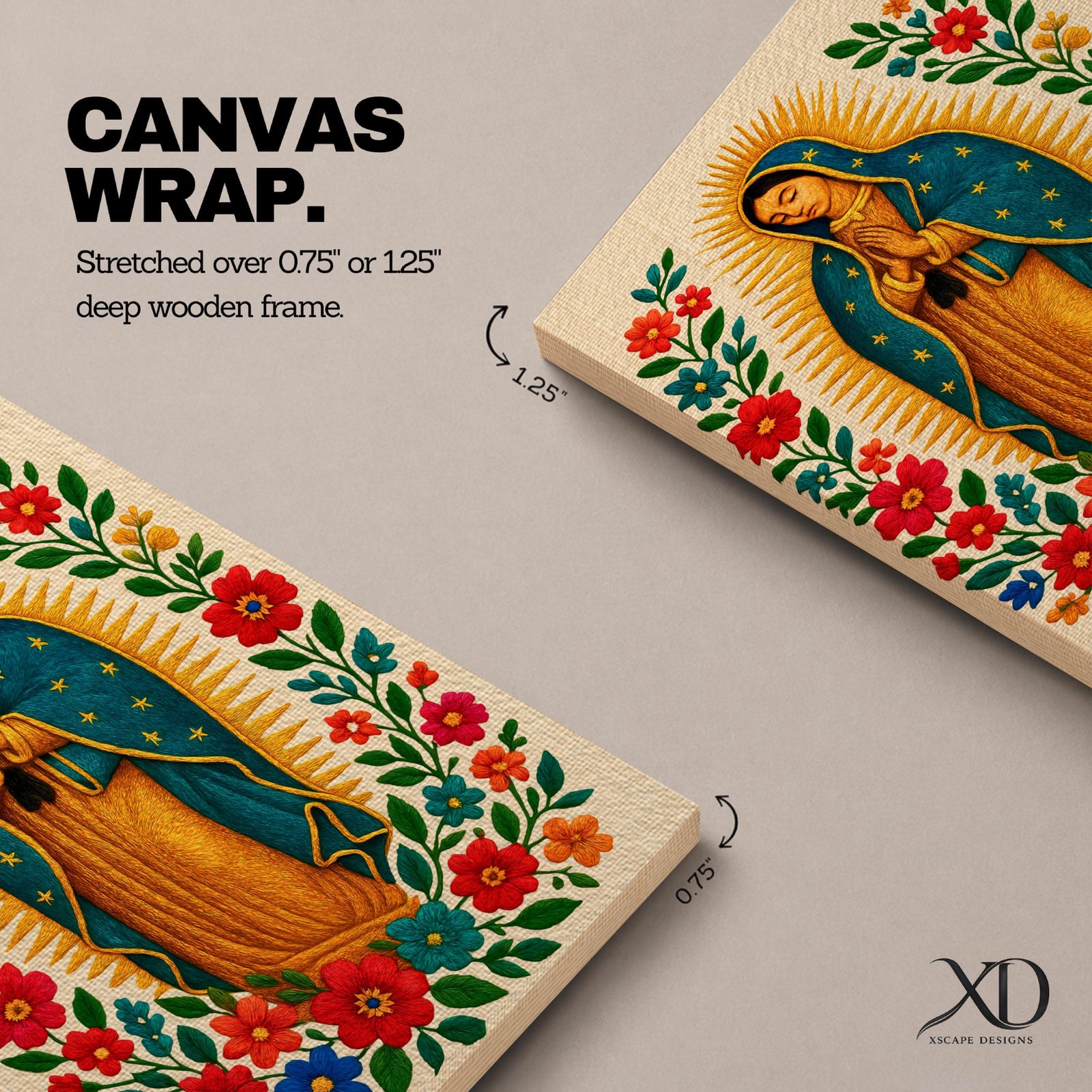 A framed stitched style art print depicting Our Lady of Guadalupe with hands clasped in prayer, surrounded by a radiant golden halo and vibrant floral embroidery in red, blue, and green. The image captures the traditional Mexican Catholic iconography with intricate textile detail and a serene expression.