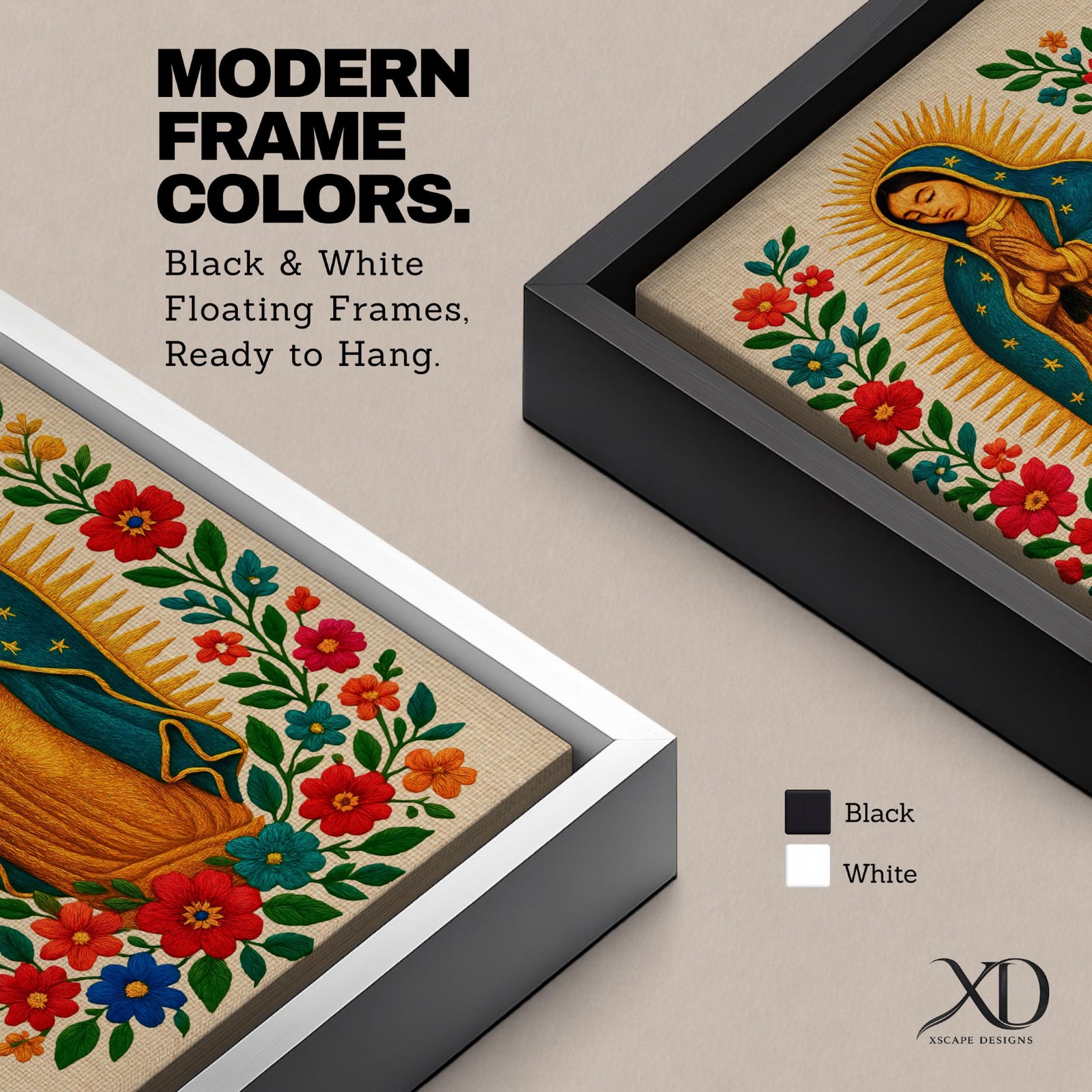 A framed stitched style art print depicting Our Lady of Guadalupe with hands clasped in prayer, surrounded by a radiant golden halo and vibrant floral embroidery in red, blue, and green. The image captures the traditional Mexican Catholic iconography with intricate textile detail and a serene expression.