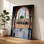 Artwork showing the courtyard of Al-Masjid an-Nabawi viewed through a carved Islamic arch, featuring the iconic green dome of the Prophet’s Mosque with tall minarets, reflective marble floor, and bright sky above the sacred mosque complex in Medina.