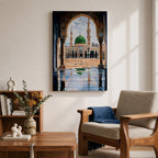 Artwork showing the courtyard of Al-Masjid an-Nabawi viewed through a carved Islamic arch, featuring the iconic green dome of the Prophet’s Mosque with tall minarets, reflective marble floor, and bright sky above the sacred mosque complex in Medina.