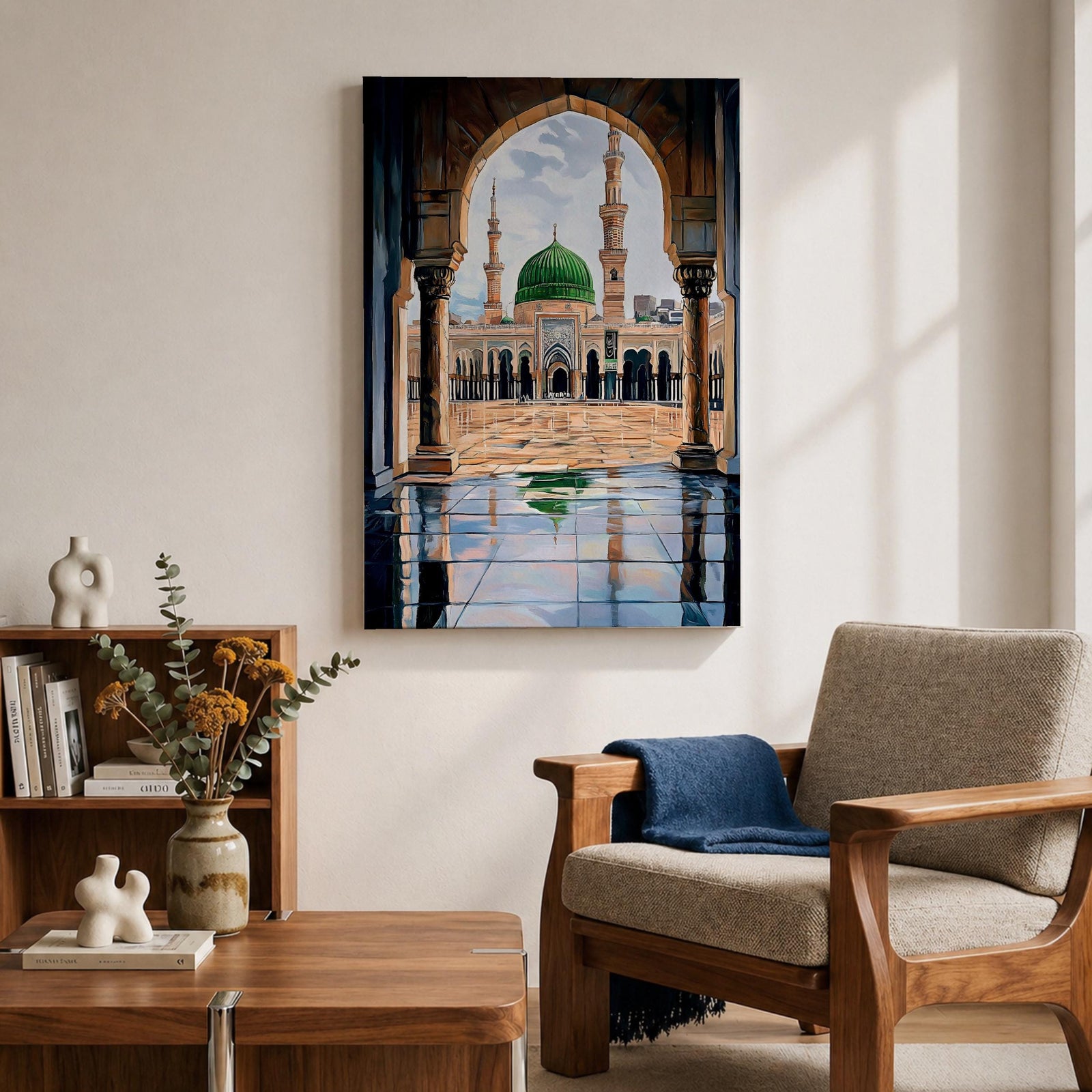 Artwork showing the courtyard of Al-Masjid an-Nabawi viewed through a carved Islamic arch, featuring the iconic green dome of the Prophet’s Mosque with tall minarets, reflective marble floor, and bright sky above the sacred mosque complex in Medina.