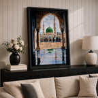 Artwork showing the courtyard of Al-Masjid an-Nabawi viewed through a carved Islamic arch, featuring the iconic green dome of the Prophet’s Mosque with tall minarets, reflective marble floor, and bright sky above the sacred mosque complex in Medina.