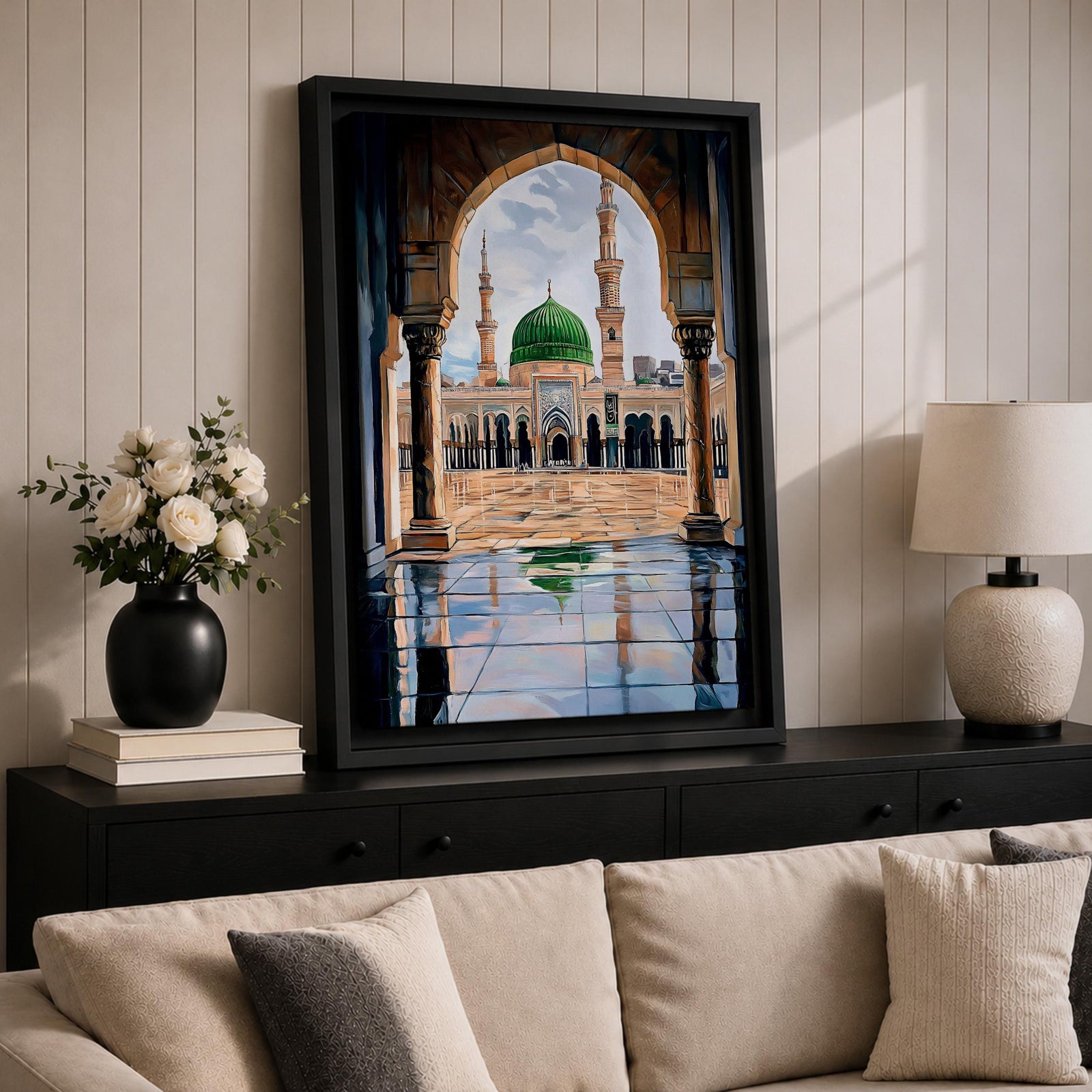 Artwork showing the courtyard of Al-Masjid an-Nabawi viewed through a carved Islamic arch, featuring the iconic green dome of the Prophet’s Mosque with tall minarets, reflective marble floor, and bright sky above the sacred mosque complex in Medina.