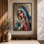 A mosaic-style artwork depicting Virgin Mary with hands clasped in prayer and eyes closed, wearing a blue and white veil with a golden halo behind her head. The piece uses intricate tile fragments to create a stained glass effect, emphasizing religious Christian themes with detailed textures and vibrant colors.