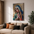 A mosaic-style artwork depicting Virgin Mary with hands clasped in prayer and eyes closed, wearing a blue and white veil with a golden halo behind her head. The piece uses intricate tile fragments to create a stained glass effect, emphasizing religious Christian themes with detailed textures and vibrant colors.