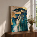 This abstract waterfall artwork features flowing white cascades over textured blue and gold cliffs with a stylized tree atop, blending fluid paint effects and organic shapes to evoke a serene natural landscape in a modern abstract style.