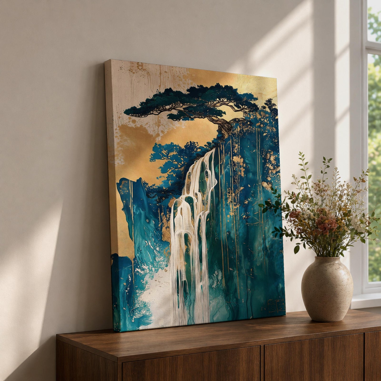 This abstract waterfall artwork features flowing white cascades over textured blue and gold cliffs with a stylized tree atop, blending fluid paint effects and organic shapes to evoke a serene natural landscape in a modern abstract style.
