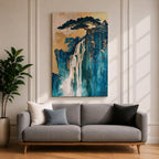 This abstract waterfall artwork features flowing white cascades over textured blue and gold cliffs with a stylized tree atop, blending fluid paint effects and organic shapes to evoke a serene natural landscape in a modern abstract style.