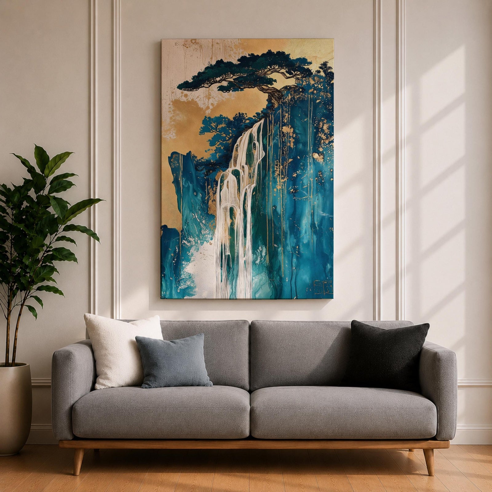 This abstract waterfall artwork features flowing white cascades over textured blue and gold cliffs with a stylized tree atop, blending fluid paint effects and organic shapes to evoke a serene natural landscape in a modern abstract style.
