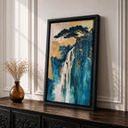 This abstract waterfall artwork features flowing white cascades over textured blue and gold cliffs with a stylized tree atop, blending fluid paint effects and organic shapes to evoke a serene natural landscape in a modern abstract style.