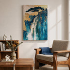 This abstract waterfall artwork features flowing white cascades over textured blue and gold cliffs with a stylized tree atop, blending fluid paint effects and organic shapes to evoke a serene natural landscape in a modern abstract style.