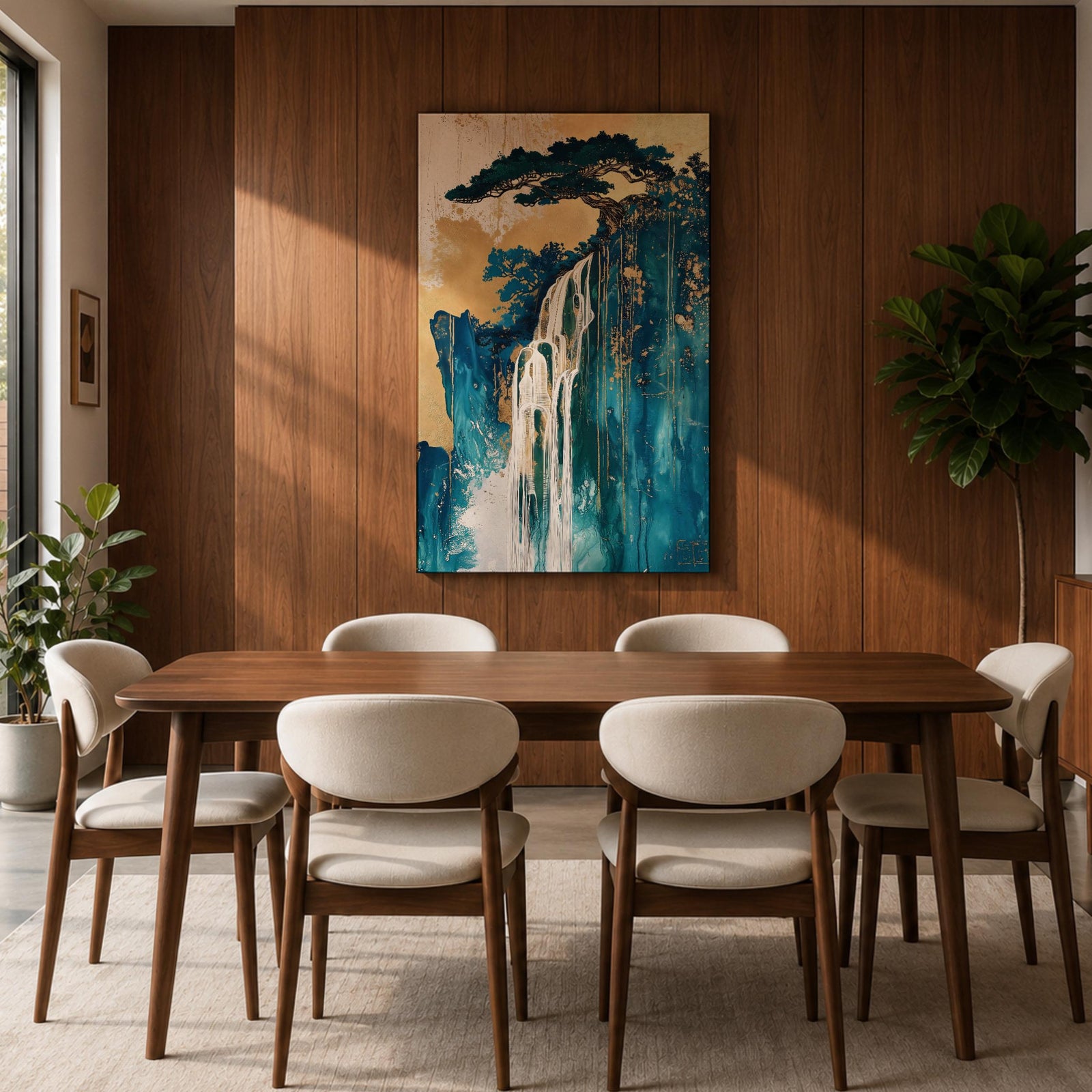This abstract waterfall artwork features flowing white cascades over textured blue and gold cliffs with a stylized tree atop, blending fluid paint effects and organic shapes to evoke a serene natural landscape in a modern abstract style.