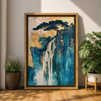 This abstract waterfall artwork features flowing white cascades over textured blue and gold cliffs with a stylized tree atop, blending fluid paint effects and organic shapes to evoke a serene natural landscape in a modern abstract style.