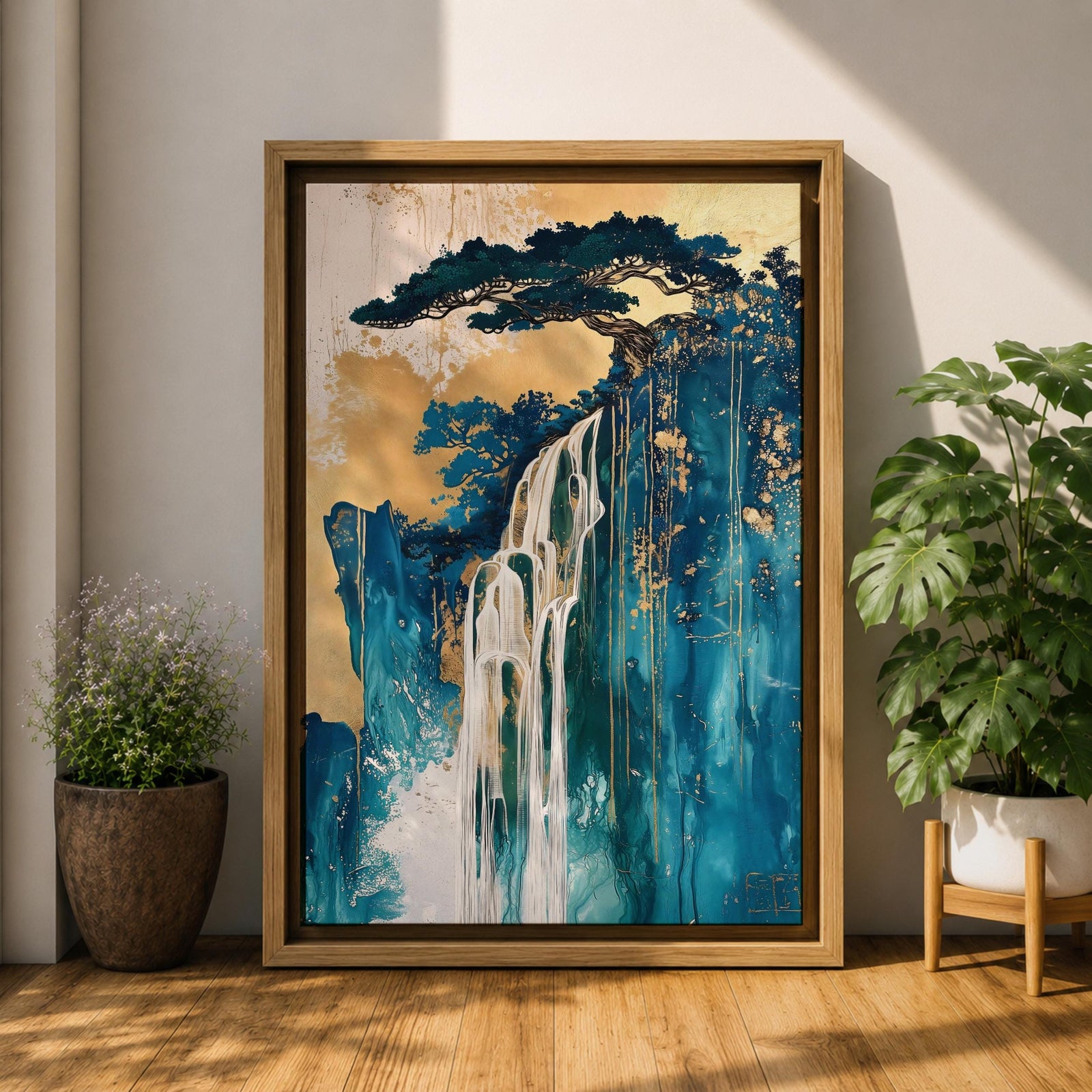 This abstract waterfall artwork features flowing white cascades over textured blue and gold cliffs with a stylized tree atop, blending fluid paint effects and organic shapes to evoke a serene natural landscape in a modern abstract style.