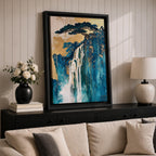 This abstract waterfall artwork features flowing white cascades over textured blue and gold cliffs with a stylized tree atop, blending fluid paint effects and organic shapes to evoke a serene natural landscape in a modern abstract style.