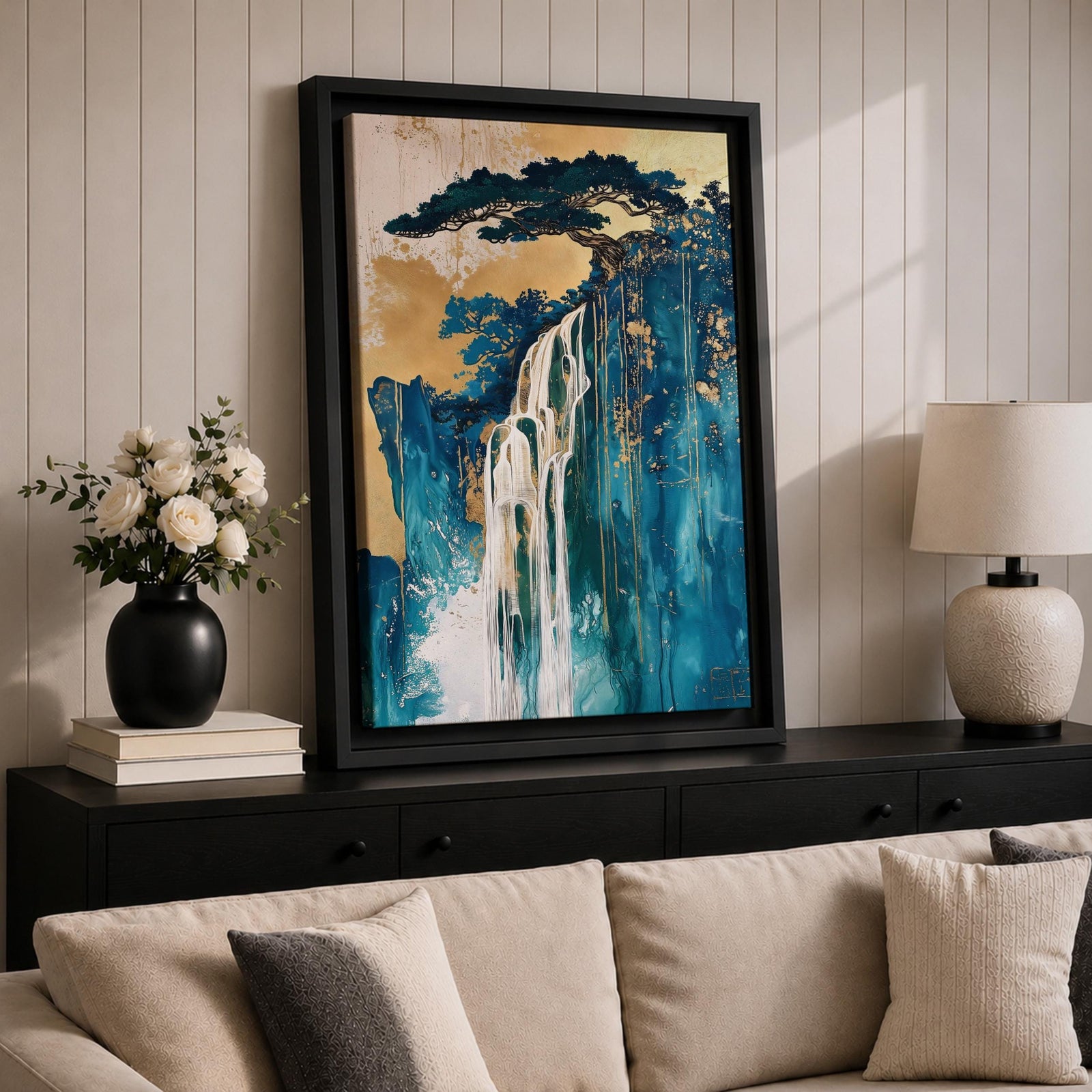 This abstract waterfall artwork features flowing white cascades over textured blue and gold cliffs with a stylized tree atop, blending fluid paint effects and organic shapes to evoke a serene natural landscape in a modern abstract style.