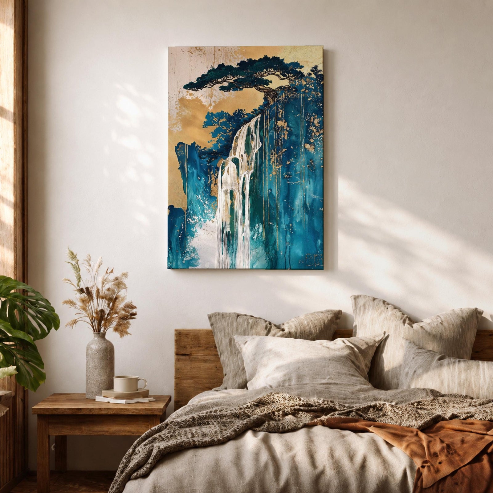 This abstract waterfall artwork features flowing white cascades over textured blue and gold cliffs with a stylized tree atop, blending fluid paint effects and organic shapes to evoke a serene natural landscape in a modern abstract style.