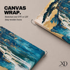 This abstract waterfall artwork features flowing white cascades over textured blue and gold cliffs with a stylized tree atop, blending fluid paint effects and organic shapes to evoke a serene natural landscape in a modern abstract style.