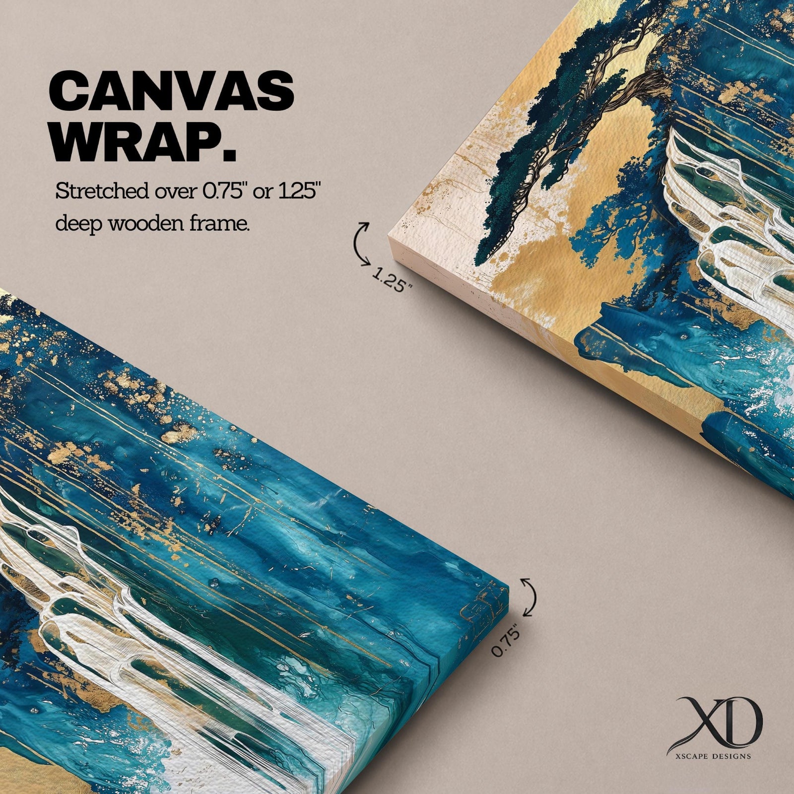 This abstract waterfall artwork features flowing white cascades over textured blue and gold cliffs with a stylized tree atop, blending fluid paint effects and organic shapes to evoke a serene natural landscape in a modern abstract style.