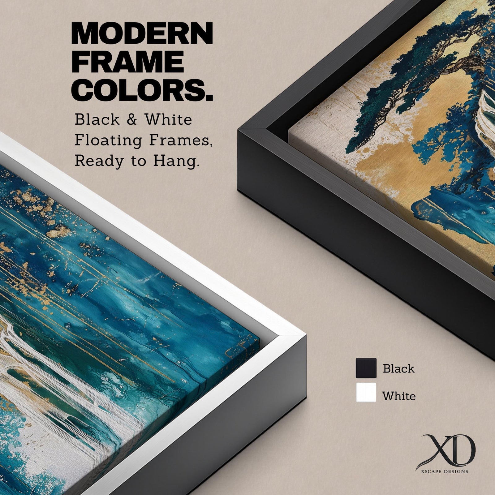 This abstract waterfall artwork features flowing white cascades over textured blue and gold cliffs with a stylized tree atop, blending fluid paint effects and organic shapes to evoke a serene natural landscape in a modern abstract style.