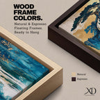 This abstract waterfall artwork features flowing white cascades over textured blue and gold cliffs with a stylized tree atop, blending fluid paint effects and organic shapes to evoke a serene natural landscape in a modern abstract style.