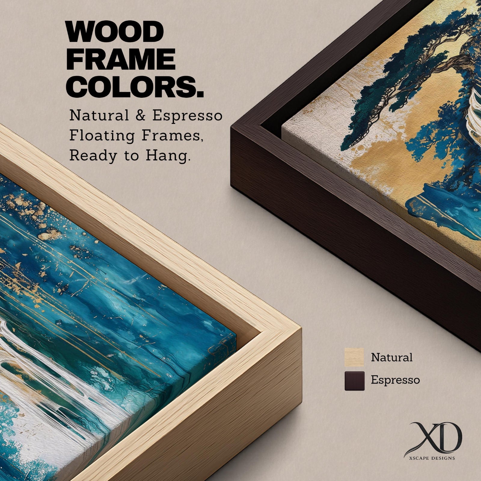 This abstract waterfall artwork features flowing white cascades over textured blue and gold cliffs with a stylized tree atop, blending fluid paint effects and organic shapes to evoke a serene natural landscape in a modern abstract style.