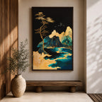 A framed canvas artwork depicting a mountain landscape with abstract golden and teal elements. The composition features stylized mountains, a flowing river, and a tall tree with birds flying above, rendered in an abstract style with rich gold and blue tones against a dark background.