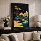 A framed canvas artwork depicting a mountain landscape with abstract golden and teal elements. The composition features stylized mountains, a flowing river, and a tall tree with birds flying above, rendered in an abstract style with rich gold and blue tones against a dark background.