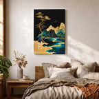 A framed canvas artwork depicting a mountain landscape with abstract golden and teal elements. The composition features stylized mountains, a flowing river, and a tall tree with birds flying above, rendered in an abstract style with rich gold and blue tones against a dark background.