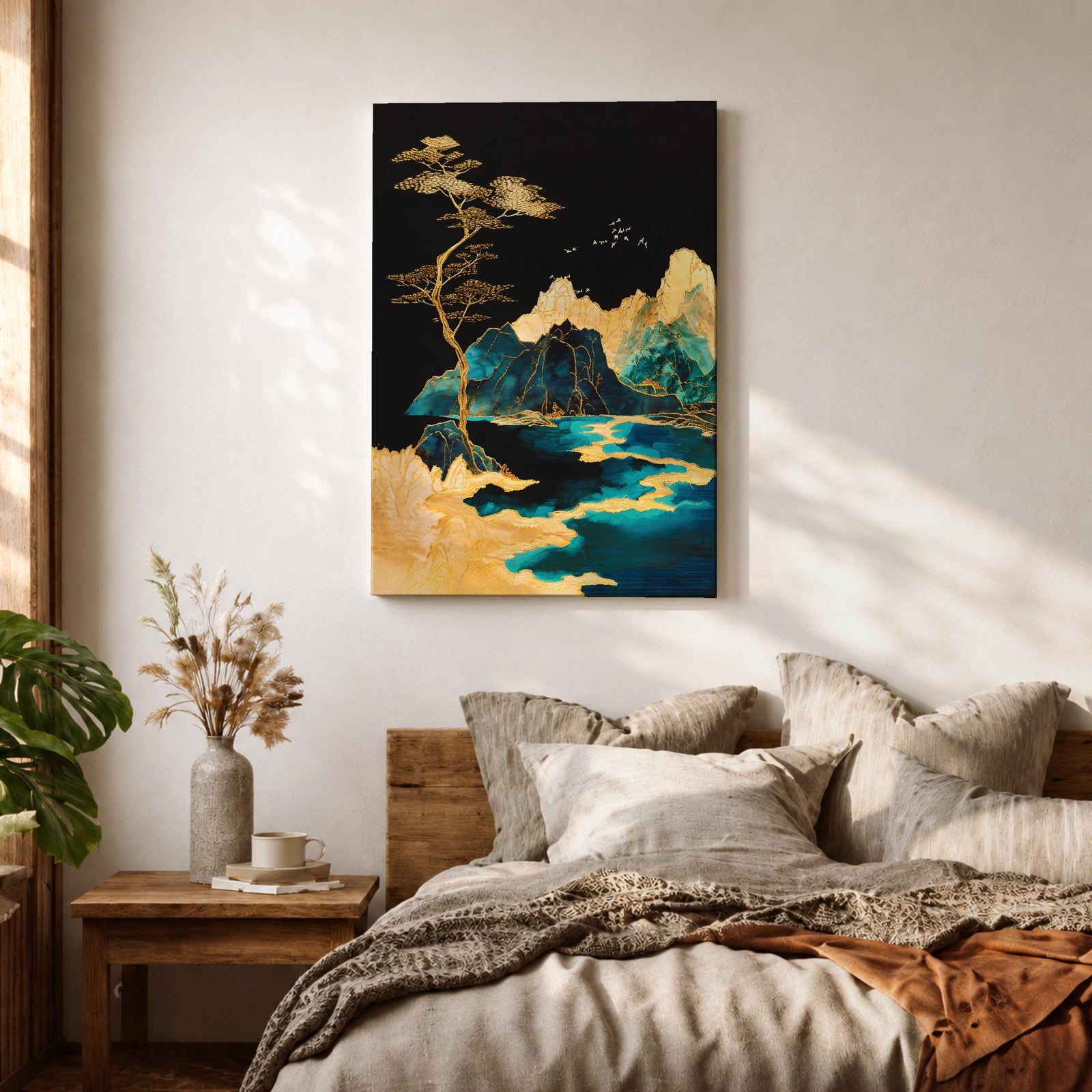 A framed canvas artwork depicting a mountain landscape with abstract golden and teal elements. The composition features stylized mountains, a flowing river, and a tall tree with birds flying above, rendered in an abstract style with rich gold and blue tones against a dark background.