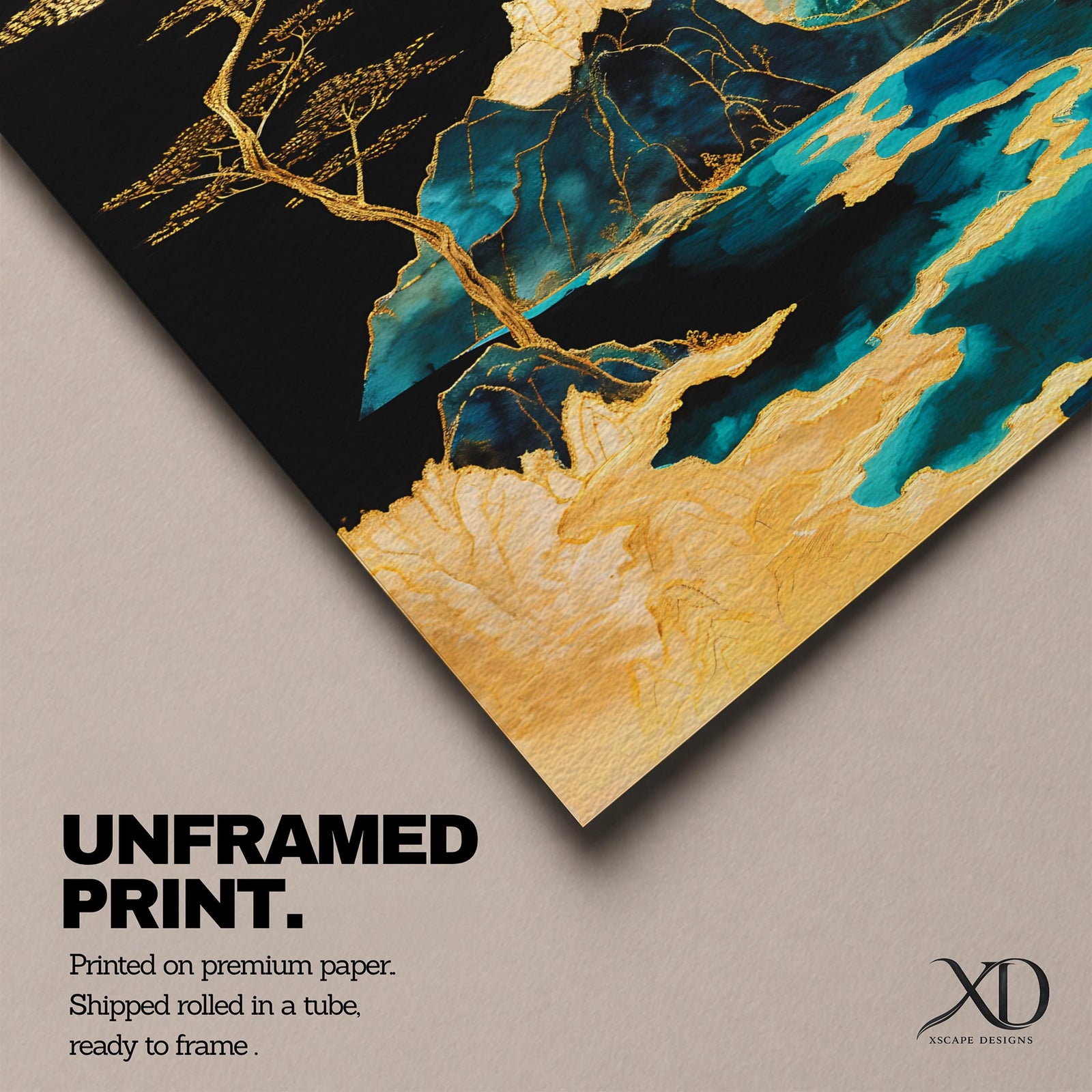 A framed canvas artwork depicting a mountain landscape with abstract golden and teal elements. The composition features stylized mountains, a flowing river, and a tall tree with birds flying above, rendered in an abstract style with rich gold and blue tones against a dark background.