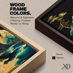 A framed canvas artwork depicting a mountain landscape with abstract golden and teal elements. The composition features stylized mountains, a flowing river, and a tall tree with birds flying above, rendered in an abstract style with rich gold and blue tones against a dark background.