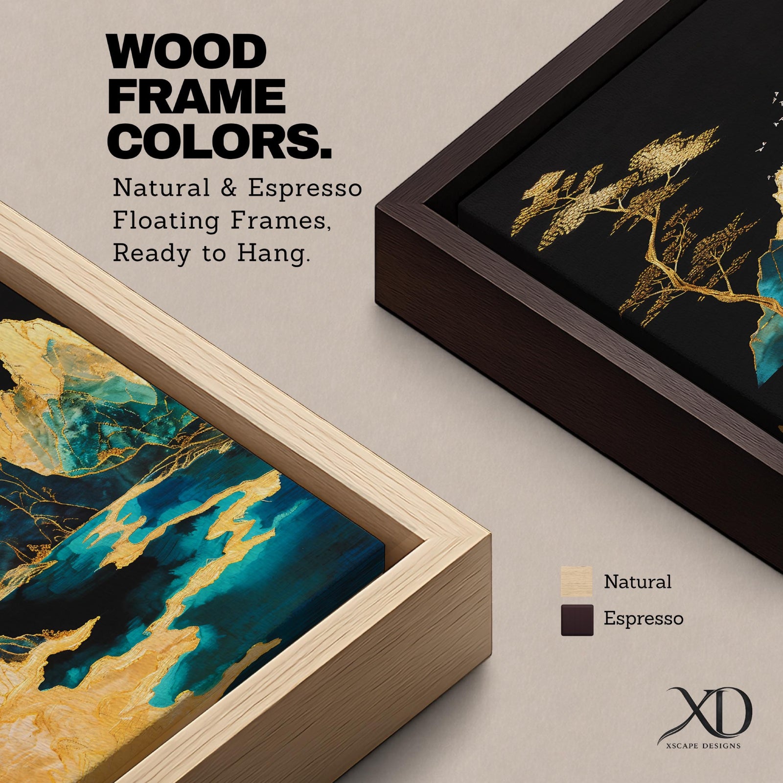 A framed canvas artwork depicting a mountain landscape with abstract golden and teal elements. The composition features stylized mountains, a flowing river, and a tall tree with birds flying above, rendered in an abstract style with rich gold and blue tones against a dark background.