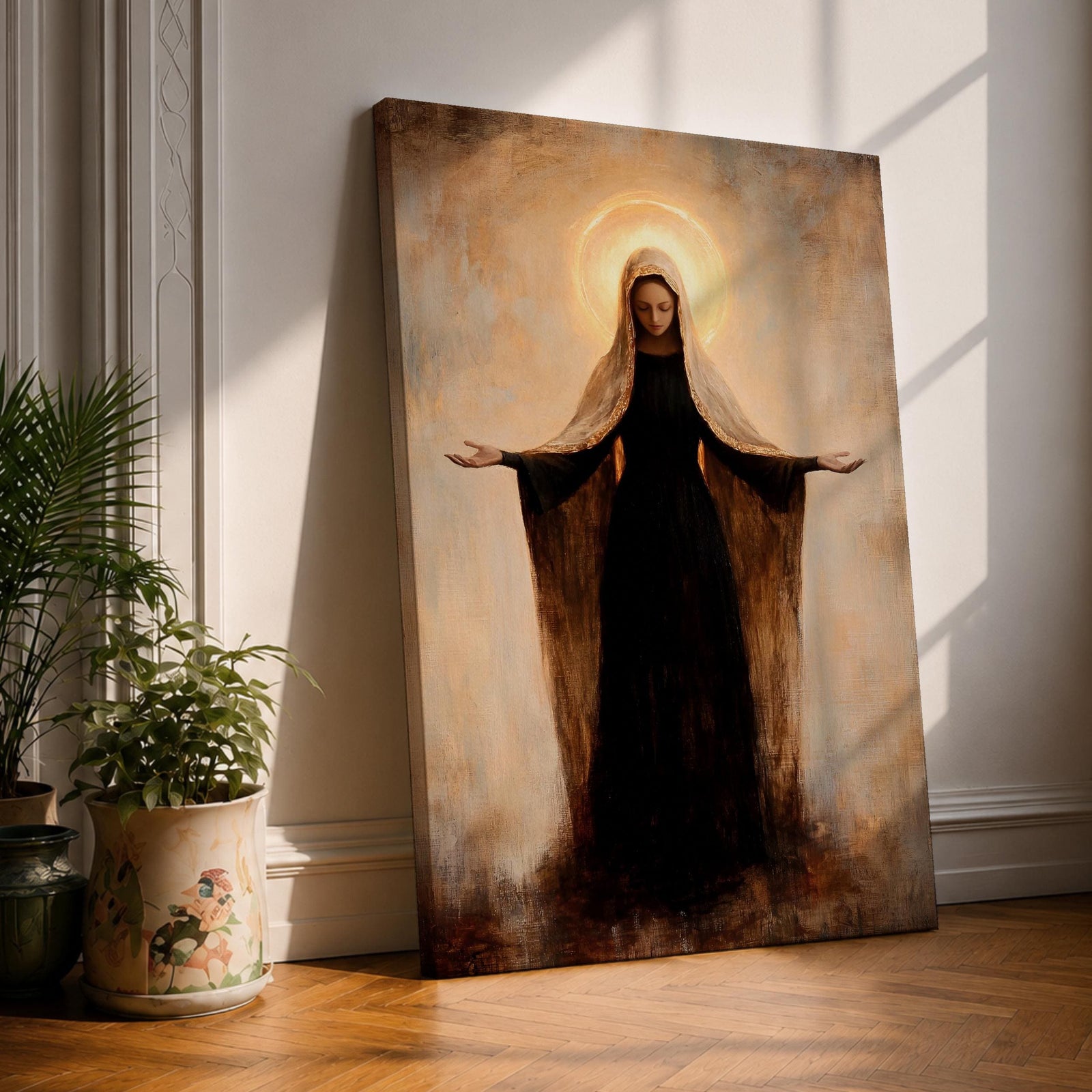 Painting of the Virgin Mary standing with arms extended outward in a gesture of grace, wearing a dark flowing robe and light veil with a soft glowing halo behind her head, rendered in a vintage devotional style with warm muted tones and a calm Marian composition emphasizing serenity and blessing.