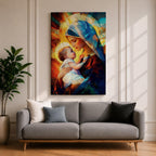 A stained glass style depiction of Virgin Mary holding the infant Jesus, featuring geometric shapes and vibrant colors that create a mosaic effect, emphasizing the tender interaction between mother and child in a Christian religious portrait.
