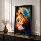 A stained glass style depiction of Virgin Mary holding the infant Jesus, featuring geometric shapes and vibrant colors that create a mosaic effect, emphasizing the tender interaction between mother and child in a Christian religious portrait.