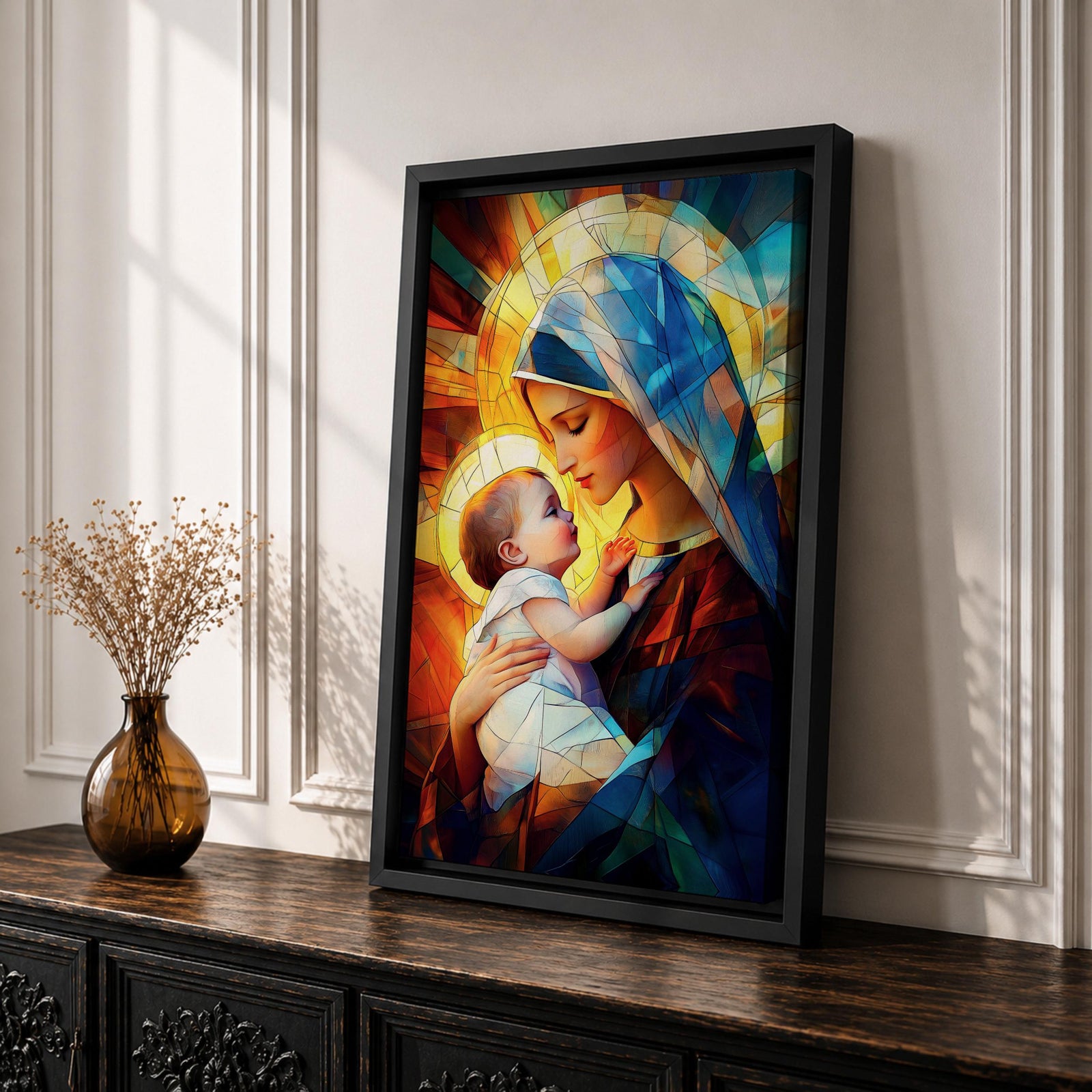 A stained glass style depiction of Virgin Mary holding the infant Jesus, featuring geometric shapes and vibrant colors that create a mosaic effect, emphasizing the tender interaction between mother and child in a Christian religious portrait.