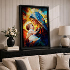 A stained glass style depiction of Virgin Mary holding the infant Jesus, featuring geometric shapes and vibrant colors that create a mosaic effect, emphasizing the tender interaction between mother and child in a Christian religious portrait.