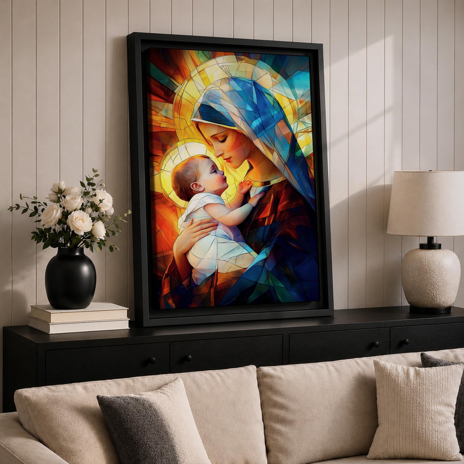 A stained glass style depiction of Virgin Mary holding the infant Jesus, featuring geometric shapes and vibrant colors that create a mosaic effect, emphasizing the tender interaction between mother and child in a Christian religious portrait.