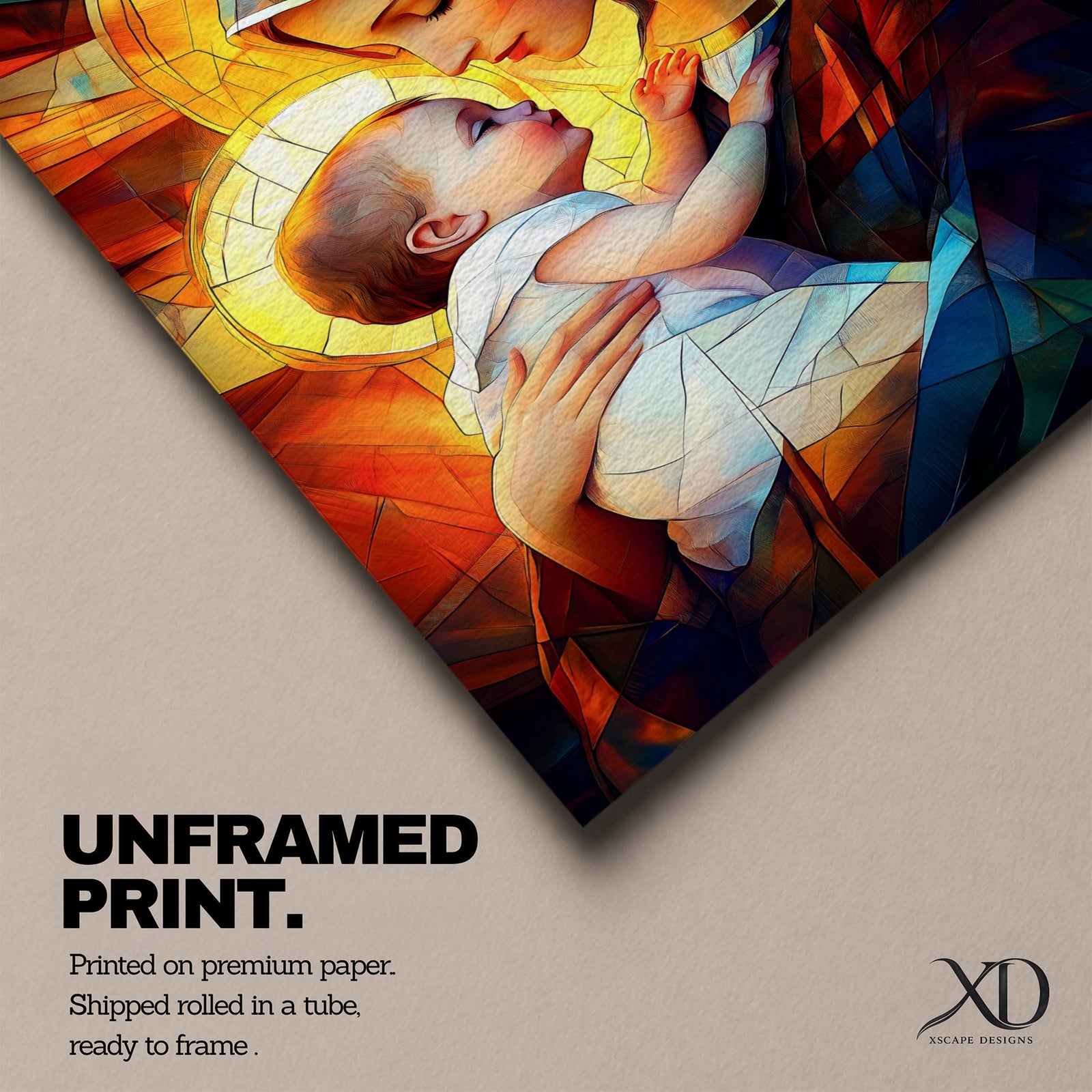 A stained glass style depiction of Virgin Mary holding the infant Jesus, featuring geometric shapes and vibrant colors that create a mosaic effect, emphasizing the tender interaction between mother and child in a Christian religious portrait.