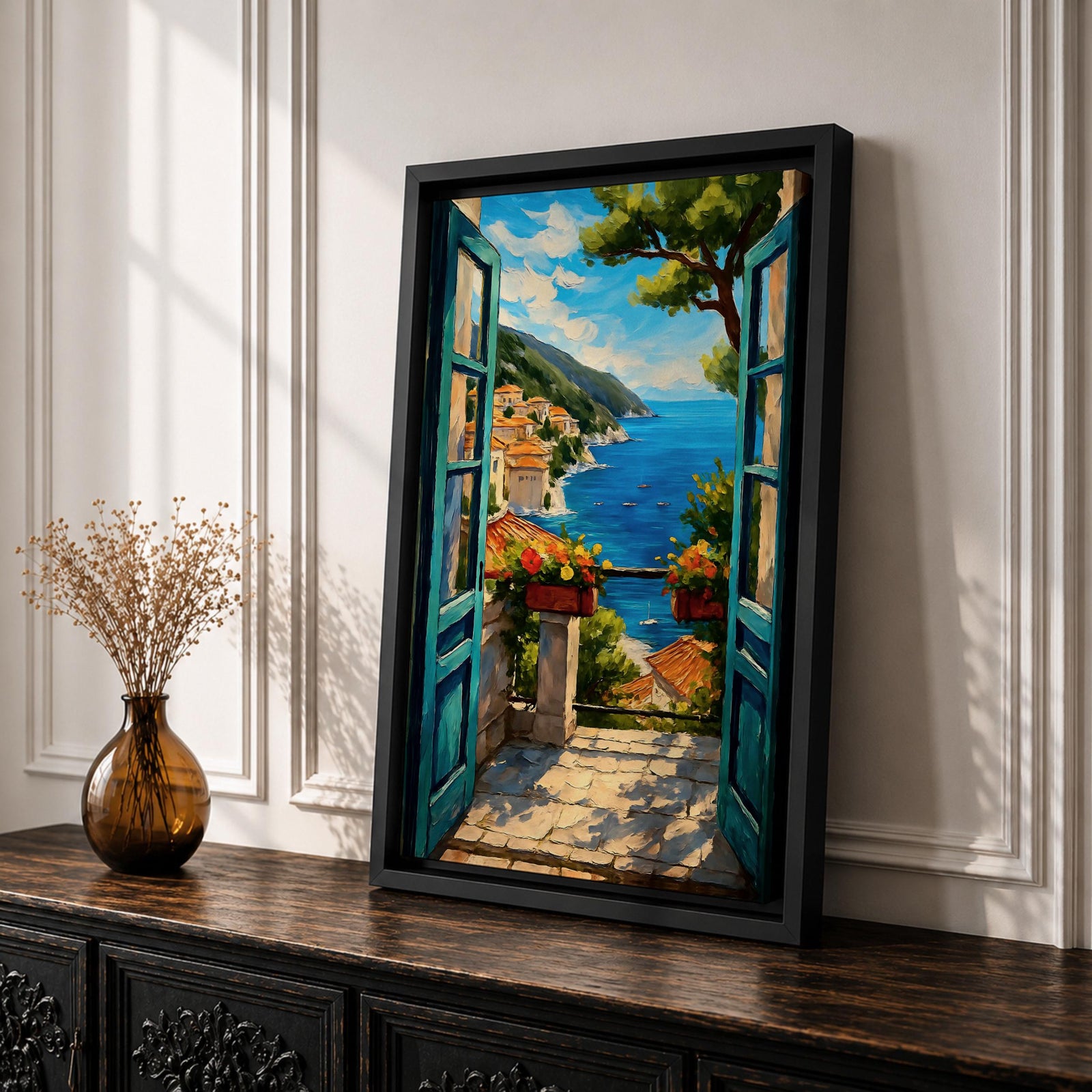 A vibrant painting depicting an open Mediterranean window looking out onto a coastal balcony with terracotta rooftops, lush greenery, and a bright blue sea under a partly cloudy sky. The artwork captures a serene landscape scene with detailed brushwork and a warm, inviting atmosphere.