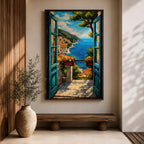 A vibrant painting depicting an open Mediterranean window looking out onto a coastal balcony with terracotta rooftops, lush greenery, and a bright blue sea under a partly cloudy sky. The artwork captures a serene landscape scene with detailed brushwork and a warm, inviting atmosphere.