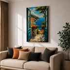 A vibrant painting depicting an open Mediterranean window looking out onto a coastal balcony with terracotta rooftops, lush greenery, and a bright blue sea under a partly cloudy sky. The artwork captures a serene landscape scene with detailed brushwork and a warm, inviting atmosphere.