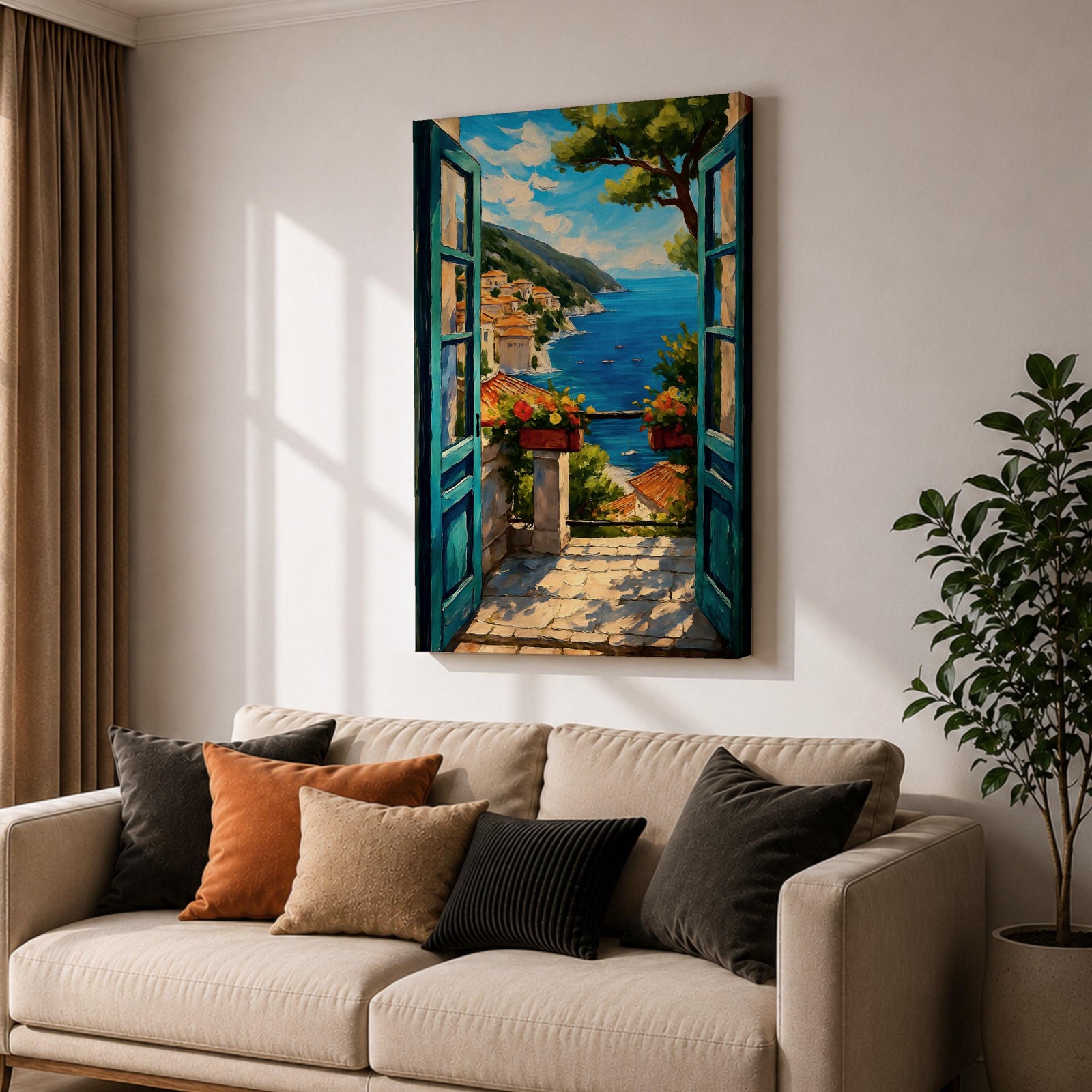 A vibrant painting depicting an open Mediterranean window looking out onto a coastal balcony with terracotta rooftops, lush greenery, and a bright blue sea under a partly cloudy sky. The artwork captures a serene landscape scene with detailed brushwork and a warm, inviting atmosphere.