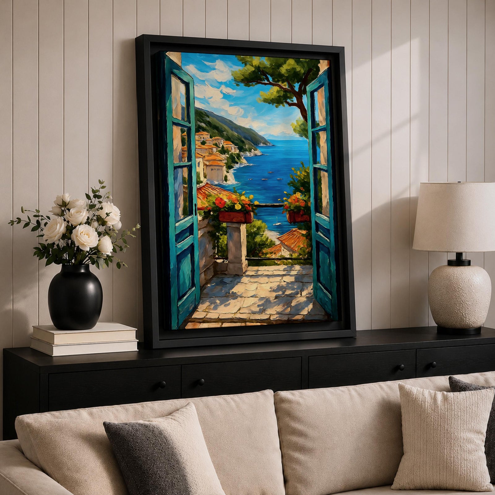 A vibrant painting depicting an open Mediterranean window looking out onto a coastal balcony with terracotta rooftops, lush greenery, and a bright blue sea under a partly cloudy sky. The artwork captures a serene landscape scene with detailed brushwork and a warm, inviting atmosphere.
